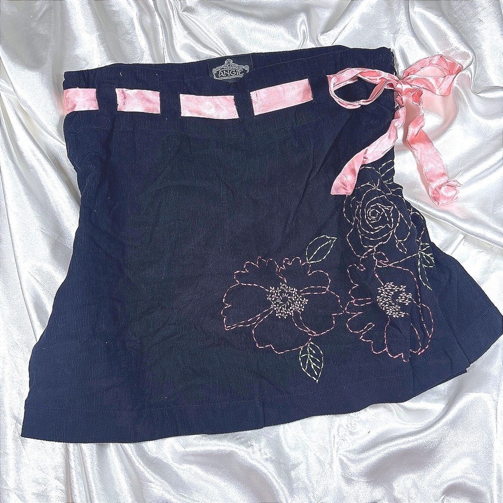 y2k Mini Skirt Black Excellent Corduroy Pink Ribbon Floral Embroidery Angie